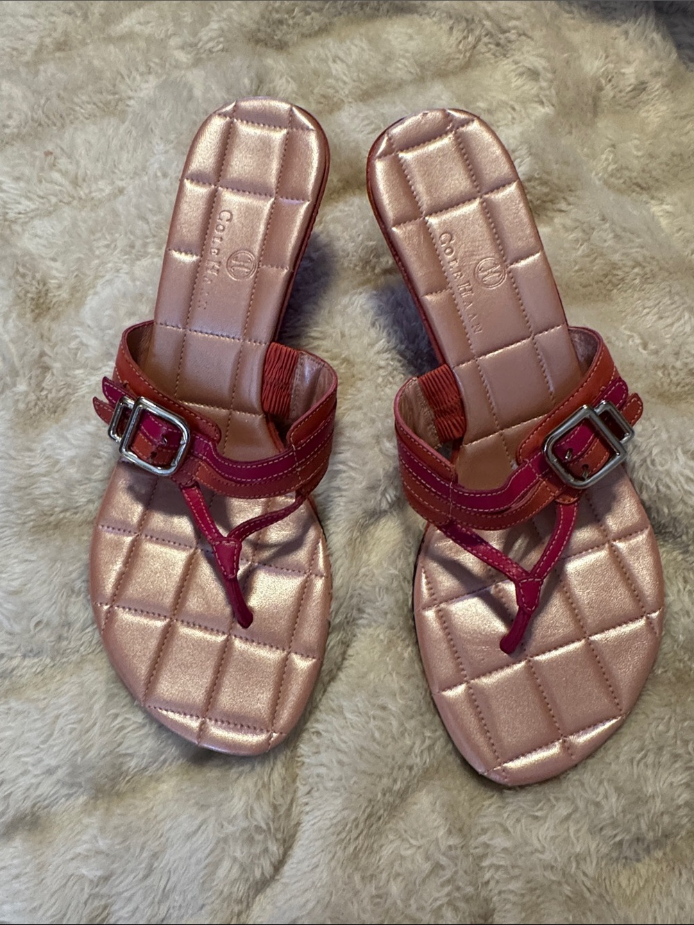 Cole Haan Quilted Metallic Rose Pink Thong Sandals with Buckle